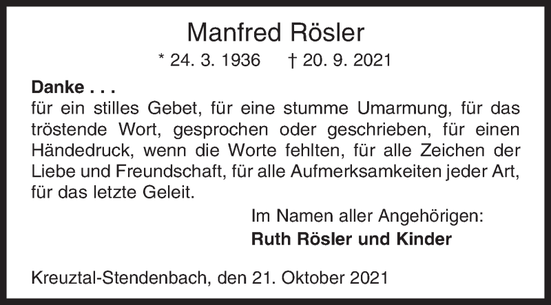  Traueranzeige für Manfred Rösler vom 21.10.2021 aus Siegener Zeitung