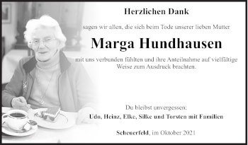 Traueranzeige von Marga Hundhausen von Siegener Zeitung