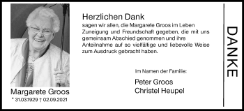 Traueranzeige von Margarete Groos von Siegener Zeitung