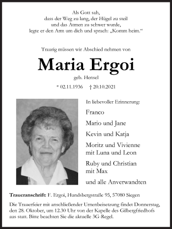 Traueranzeige von Maria Ergoi von Siegener Zeitung