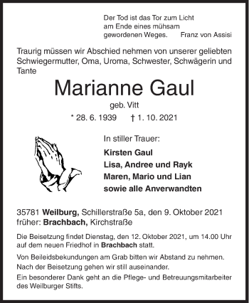 Traueranzeige von Marianne Gaul von Siegener Zeitung