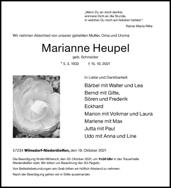 Traueranzeige von Marianne Heupel von Siegener Zeitung