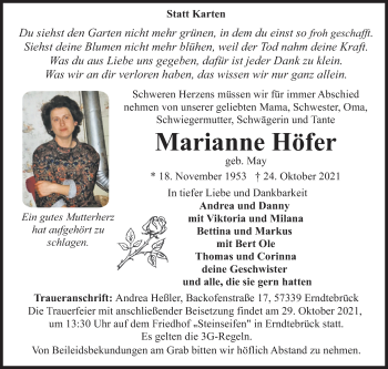 Traueranzeige von Marianne Höfer von Siegener Zeitung