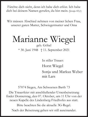 Traueranzeige von Marianne Wiegel von Siegener Zeitung