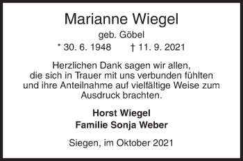 Traueranzeige von Marianne Wiegel von Siegener Zeitung