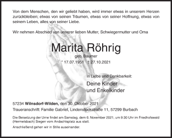 Traueranzeige von Marita Röhrig von Siegener Zeitung