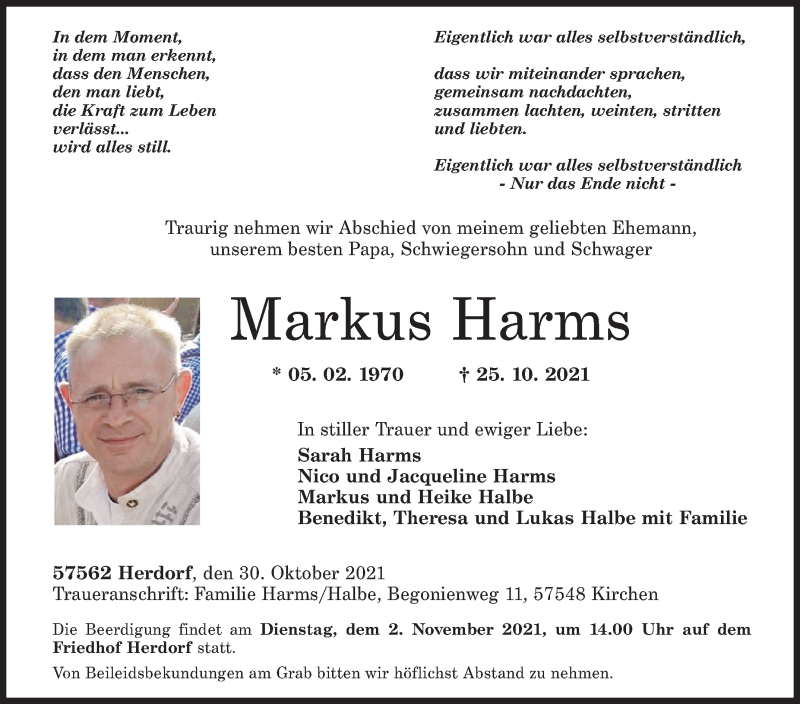  Traueranzeige für Markus Harms vom 30.10.2021 aus Siegener Zeitung