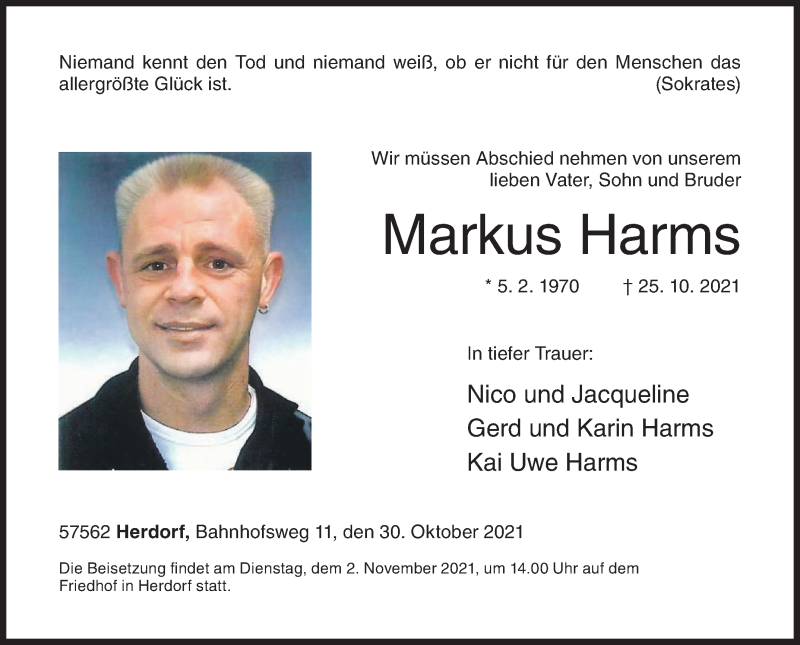  Traueranzeige für Markus Harms vom 30.10.2021 aus Siegener Zeitung