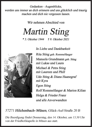 Traueranzeige von Martin Sting von Siegener Zeitung