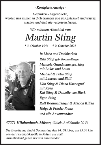 Traueranzeige von Martin Sting von Siegener Zeitung