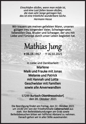 Traueranzeige von Mathias Jung von Siegener Zeitung