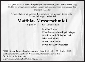 Traueranzeige von Matthias Messerschmidt von Siegener Zeitung