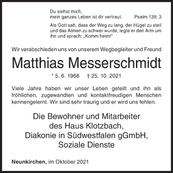 Traueranzeige von Matthias Messerschmidt von Siegener Zeitung