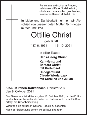 Traueranzeige von Ottilie Christ von Siegener Zeitung