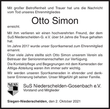 Traueranzeige von Otto Simon von Siegener Zeitung