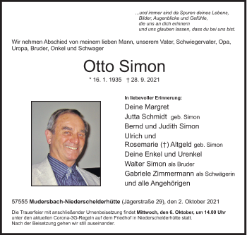 Traueranzeige von Otto Simon von Siegener Zeitung