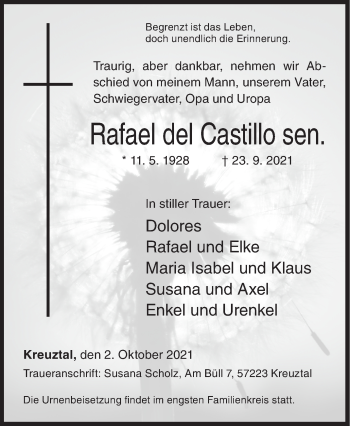 Traueranzeige von Rafael del Castillo von Siegener Zeitung