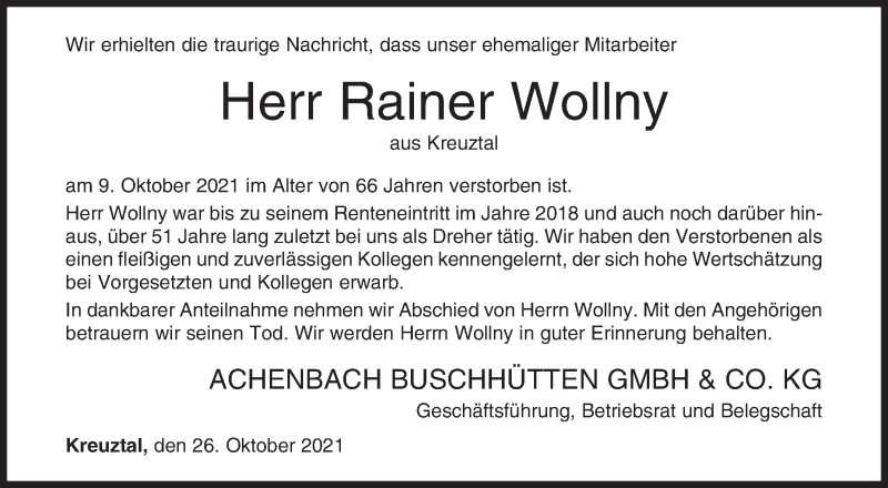  Traueranzeige für Rainer Wollny vom 26.10.2021 aus Siegener Zeitung