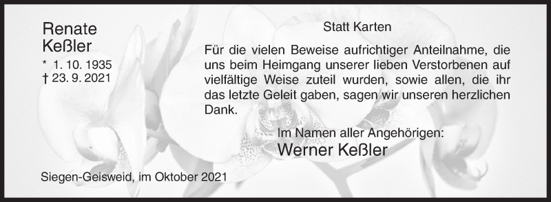  Traueranzeige für Renate Keßler vom 30.10.2021 aus Siegener Zeitung