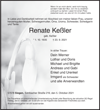 Traueranzeige von Renate Keßler von Siegener Zeitung