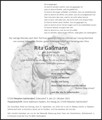 Traueranzeige von Rita Gaßmann von Siegener Zeitung