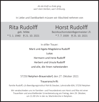 Traueranzeige von Rita und Horst Rudolff von Siegener Zeitung