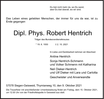 Traueranzeige von Robert Hentrich von Siegener Zeitung