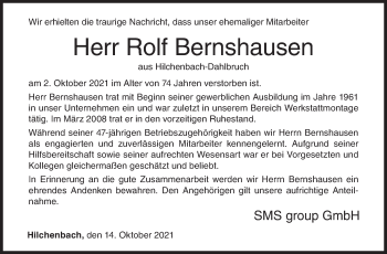 Traueranzeige von Rolf Bernshausen von Siegener Zeitung