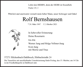 Traueranzeige von Rolf Bernshausen von Siegener Zeitung