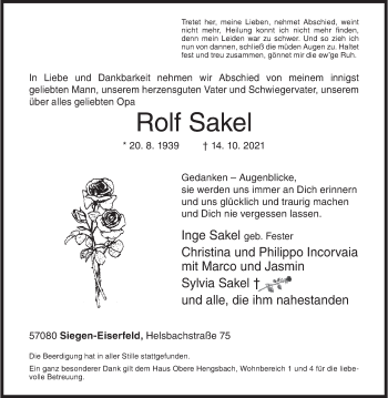 Traueranzeige von Rolf Sakel von Siegener Zeitung