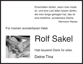 Traueranzeige von Rolf Sakel von Siegener Zeitung