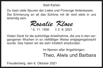 Traueranzeige von Rosalie Klose von Siegener Zeitung