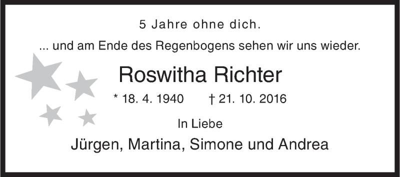  Traueranzeige für Roswitha Richter vom 21.10.2021 aus Siegener Zeitung