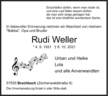 Traueranzeige von Rudi Weller von Siegener Zeitung