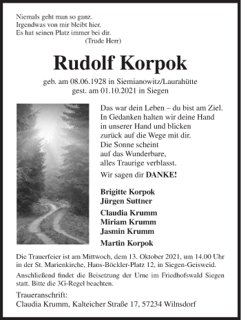 Traueranzeige von Rudolf Korpok von Siegener Zeitung