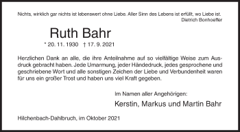 Traueranzeige von Ruth Bahr von Siegener Zeitung