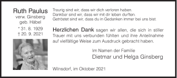 Traueranzeige von Ruth Paulus von Siegener Zeitung