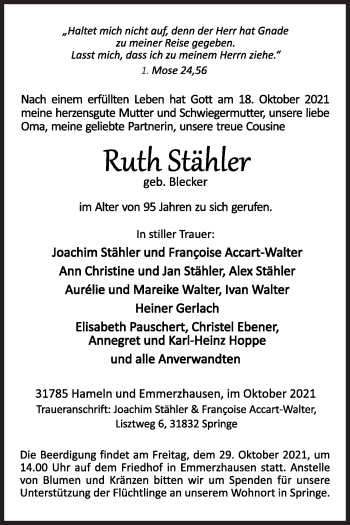Traueranzeige von Ruth Stähler von Siegener Zeitung
