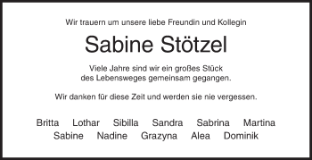 Traueranzeige von Sabine Stötzel von Siegener Zeitung