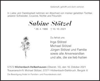 Traueranzeige von Sabine Stötzel von Siegener Zeitung