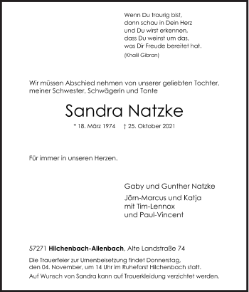 Traueranzeige von Sandra Natzke von Siegener Zeitung