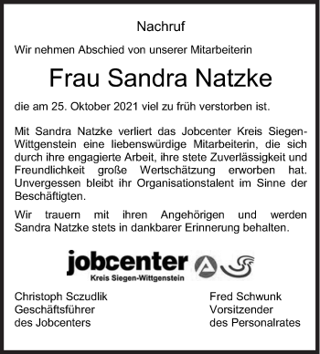 Traueranzeige von Sandra Natzke von Siegener Zeitung