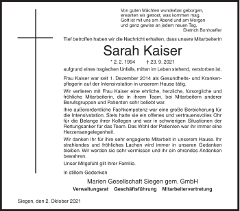 Traueranzeige von Sarah Kaiser von Siegener Zeitung