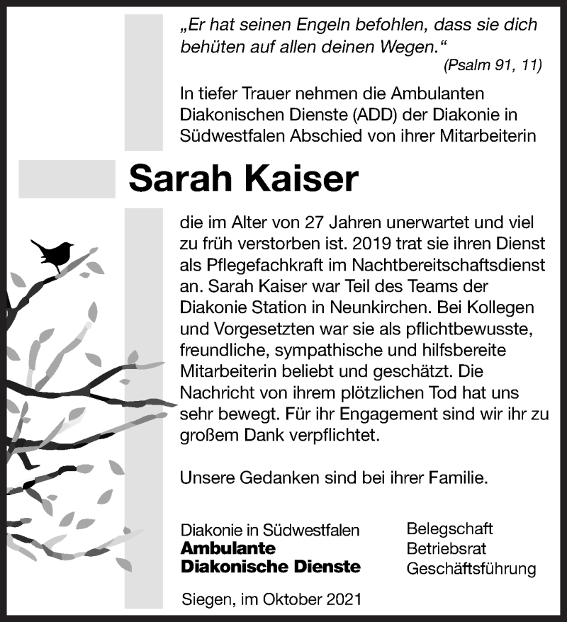  Traueranzeige für Sarah Kaiser vom 02.10.2021 aus Siegener Zeitung