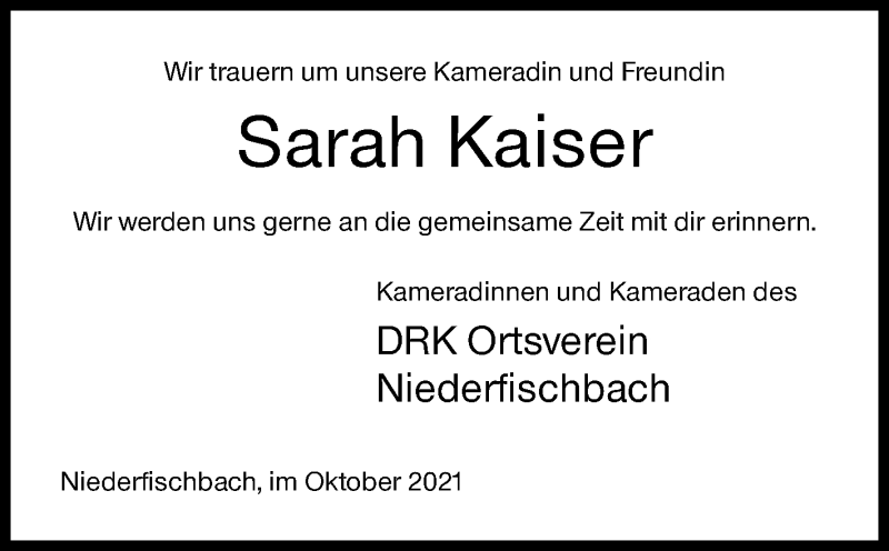  Traueranzeige für Sarah Kaiser vom 02.10.2021 aus Siegener Zeitung