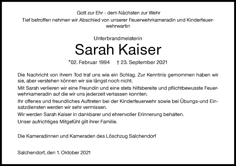  Traueranzeige für Sarah Kaiser vom 01.10.2021 aus Siegener Zeitung