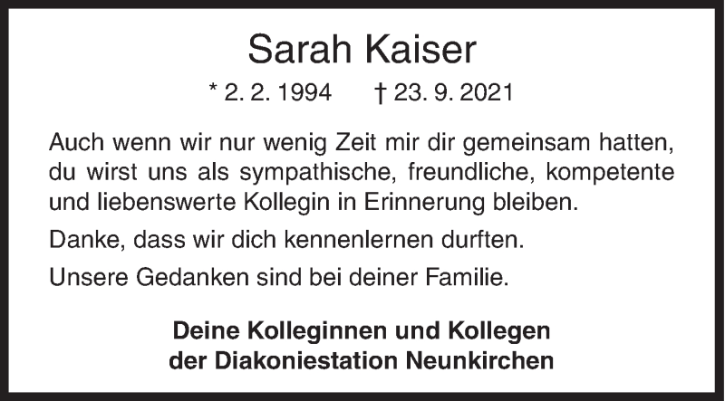  Traueranzeige für Sarah Kaiser vom 02.10.2021 aus Siegener Zeitung