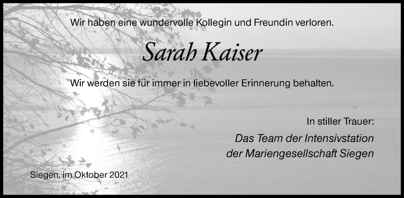 Traueranzeige für Sarah Kaiser vom 04.10.2021 aus Siegener Zeitung
