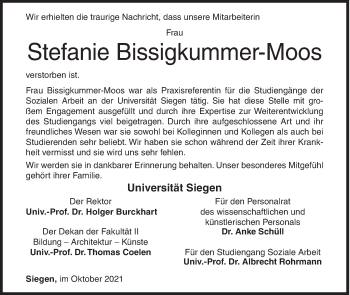 Traueranzeige von Stefanie Bissigkummer-Moos von Siegener Zeitung