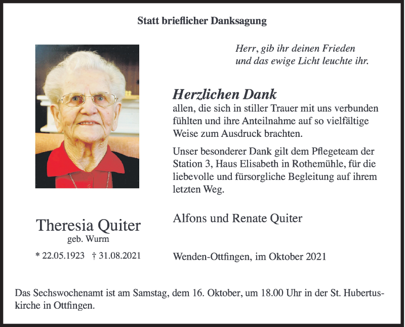 Traueranzeige für Theresia Quiter vom 11.10.2021 aus Siegener Zeitung